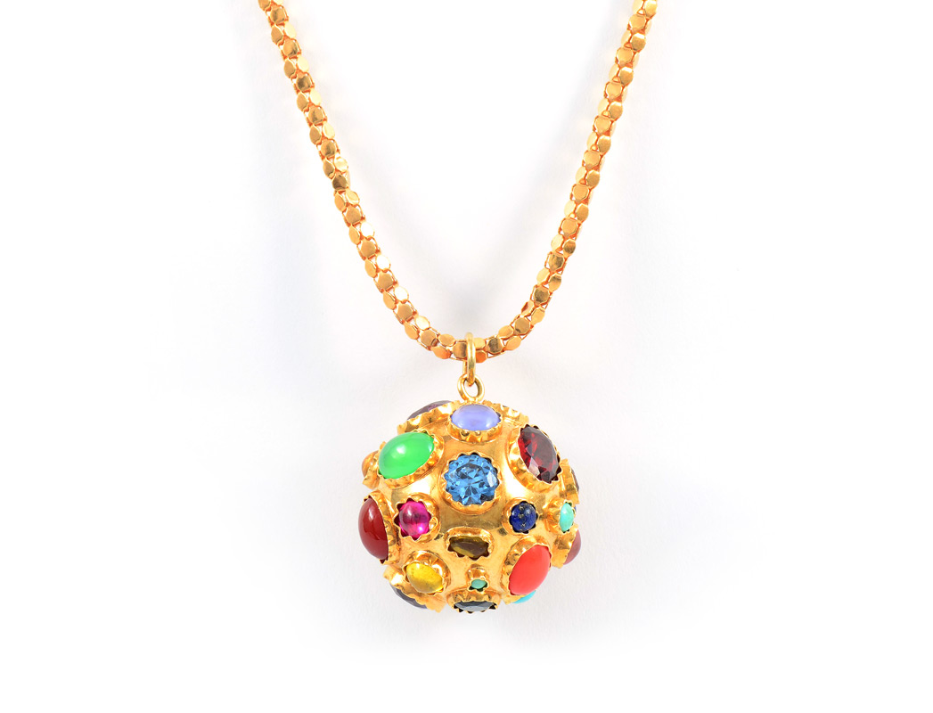 Appraisal: K GOLD MULTI GEMSTONE PENDANT NECKLACE Gold ball pendant of