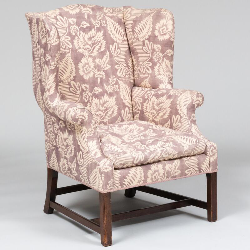 Appraisal: George III Style Mahogany Mauve Floral Linen Upholstered Wing Armchair