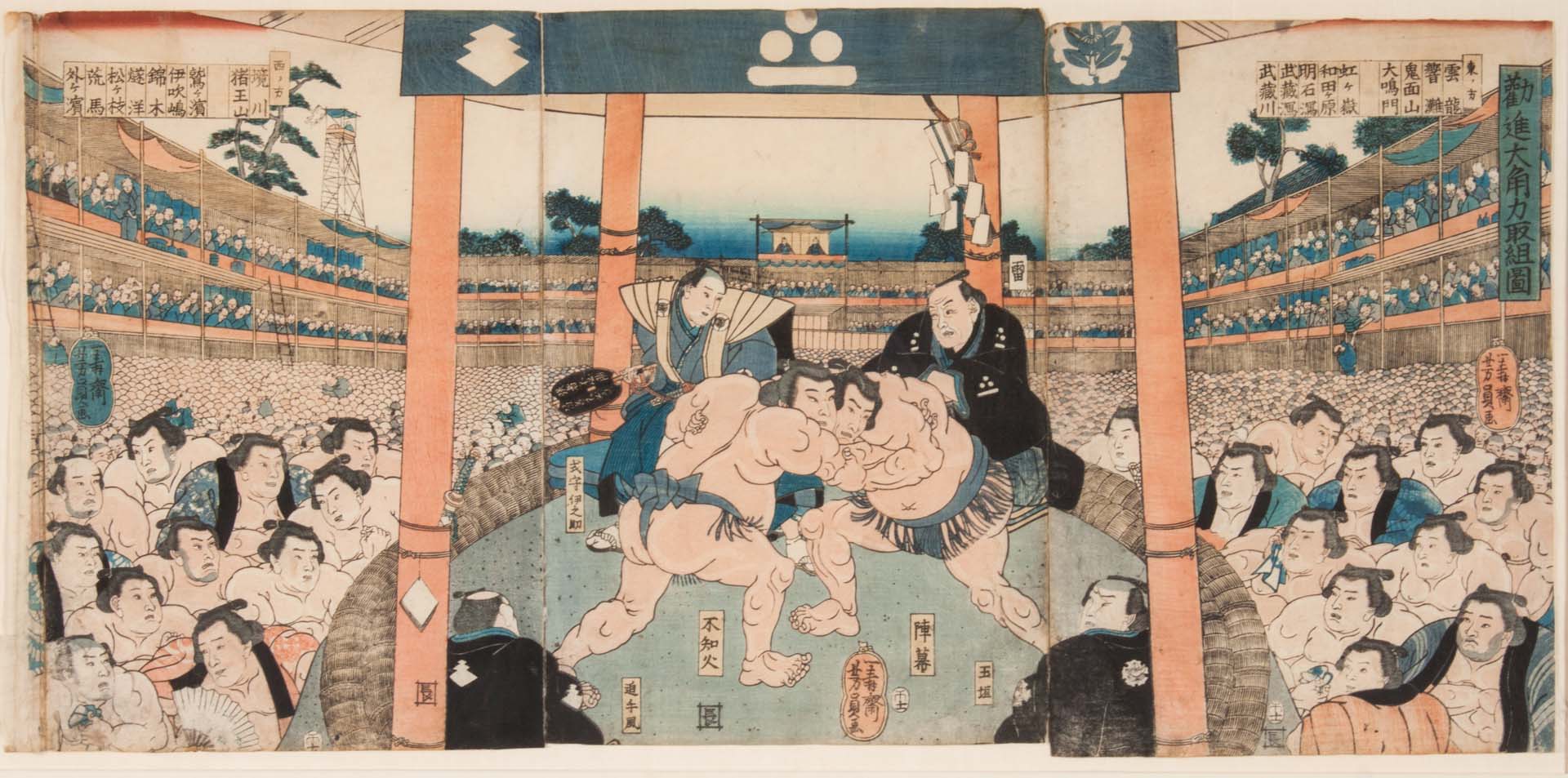 Appraisal: Japanese woodblock triptych of wrestlers th century color woodblock triptych