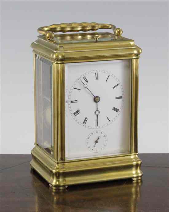 Appraisal: A French hour repeating brass carriage alarum clock with enamelled