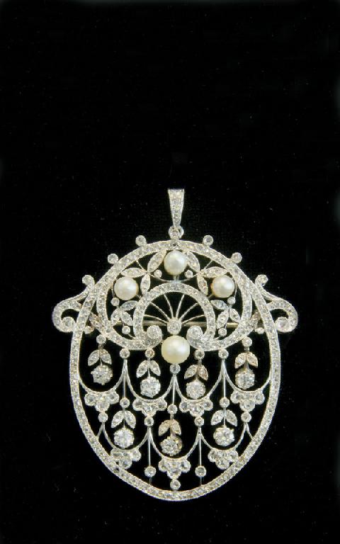 Appraisal: A Belle Epoque platinum Diamond and Pearl Pendant Brooch the