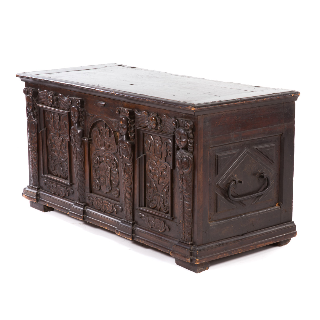 Appraisal: Flemish carved walnut trunk compartment with storage enclosed by flat