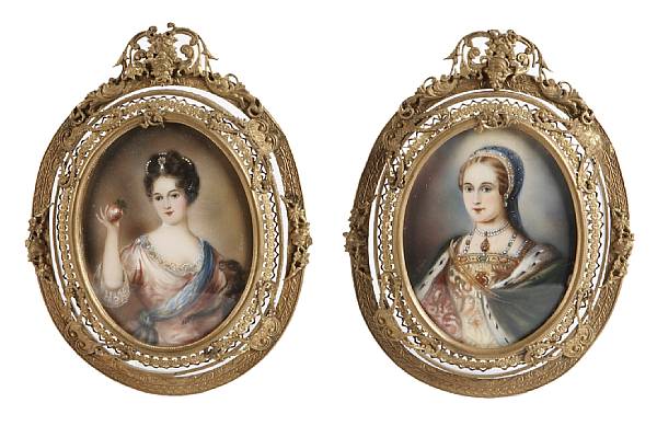 Appraisal: Two painted portrait miniatures of maidens in reticulated gilt metal