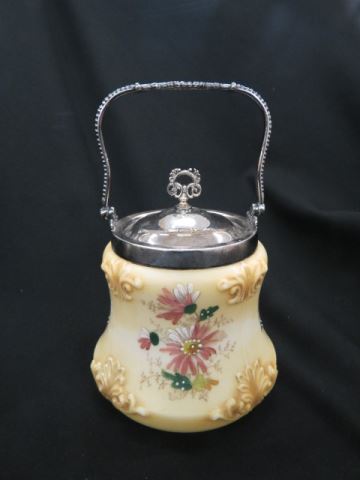 Appraisal: Wavecrest Art Glass Biscuit Jar floral silverplate lid and swing