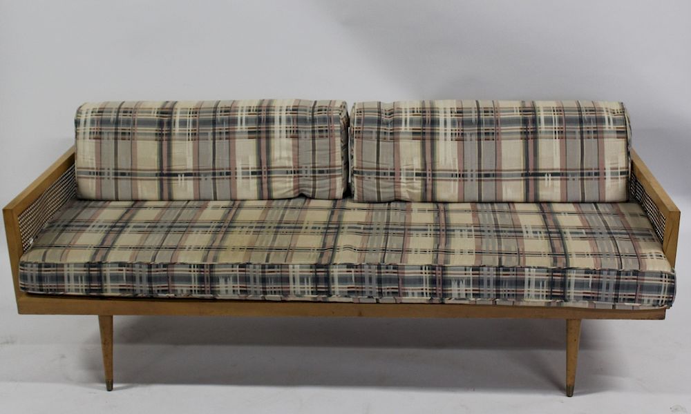 Appraisal: MIDCENTURY Cane Armed Settee With Cushions From a Rye NY