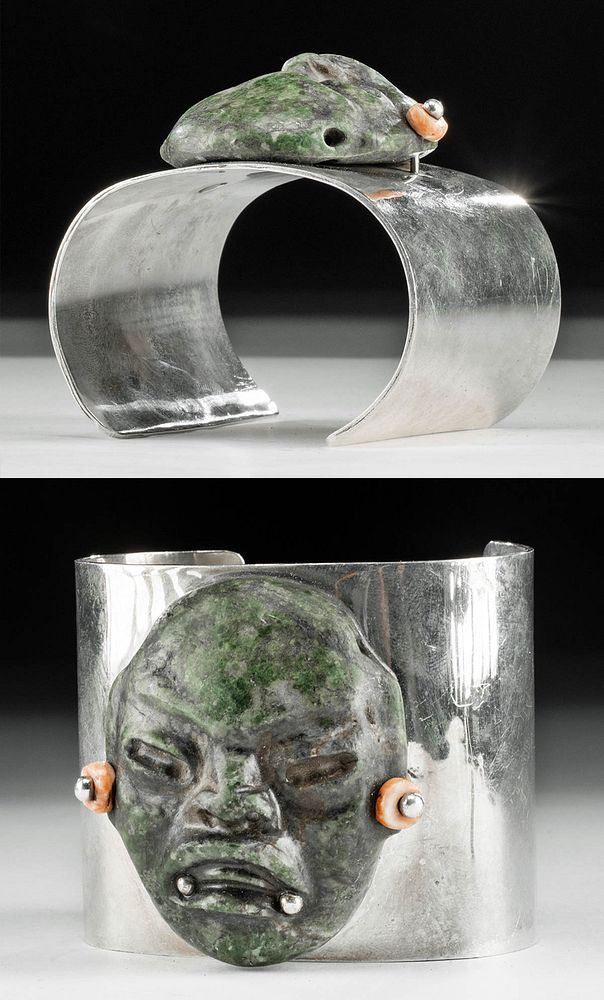 Appraisal: th C Spratling Silver Cuff w Olmec Stone Maskette First