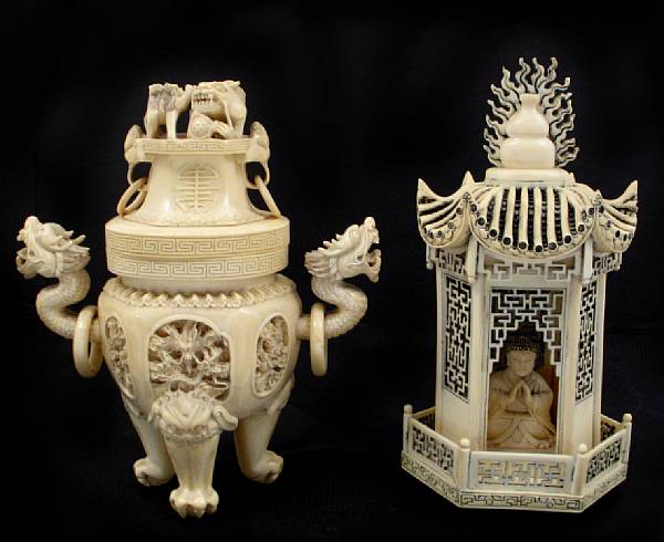 Appraisal: A Chinese carved ivory censer together with six carved ivory