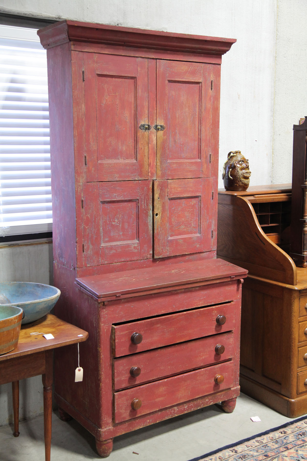 Appraisal: COUNTRY SECRETARY American mid th century Two piece red painted