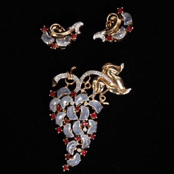 Appraisal: Trifari pc Demilune Moonstone fruit Pin Earrings Very good condition