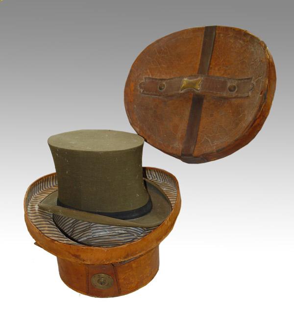 Appraisal: VICTORIAN LEATHER TOP HAT BOX Original brass plate on top