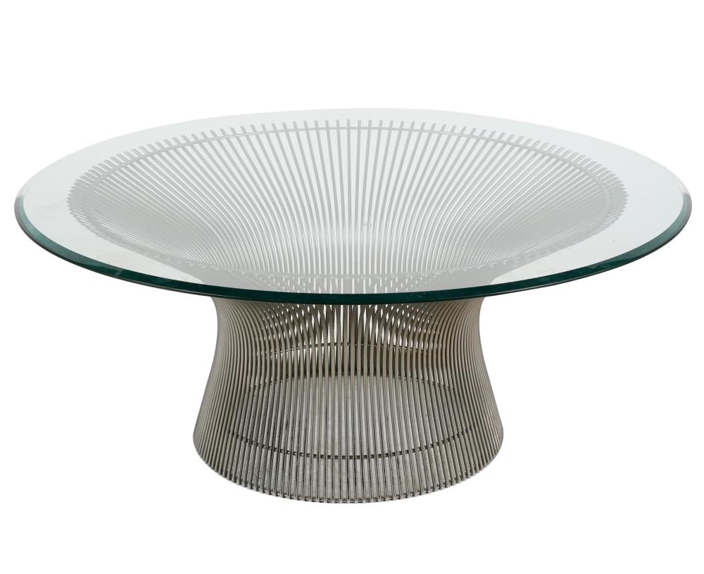 Appraisal: WARREN PLATNER COFFEE TABLEglass and nickel-plated steel inches diameter inches