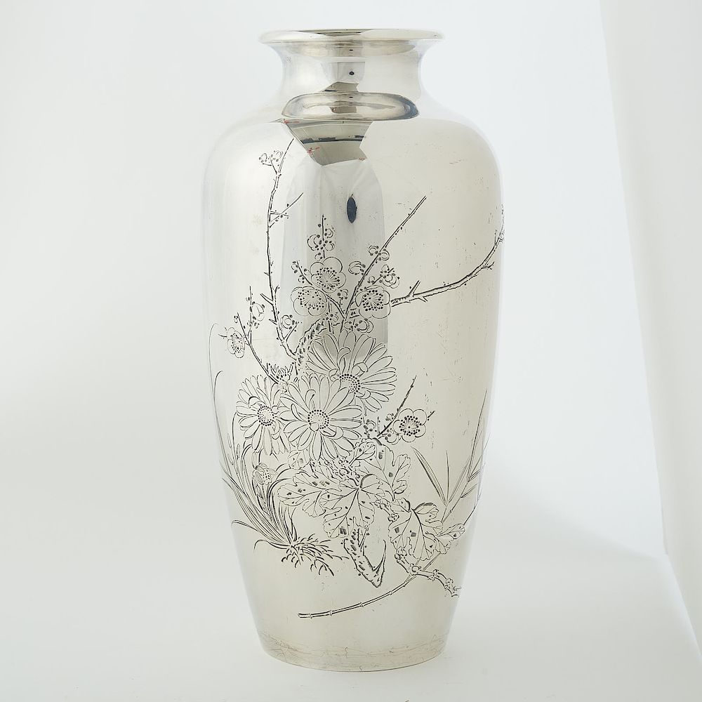 Appraisal: Japanese Meiji sterling silver Incised vase - Signed Japanese Meiji