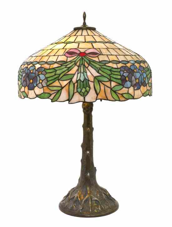 Appraisal: An American Leaded Glass Table Lamp the domed shade decorated