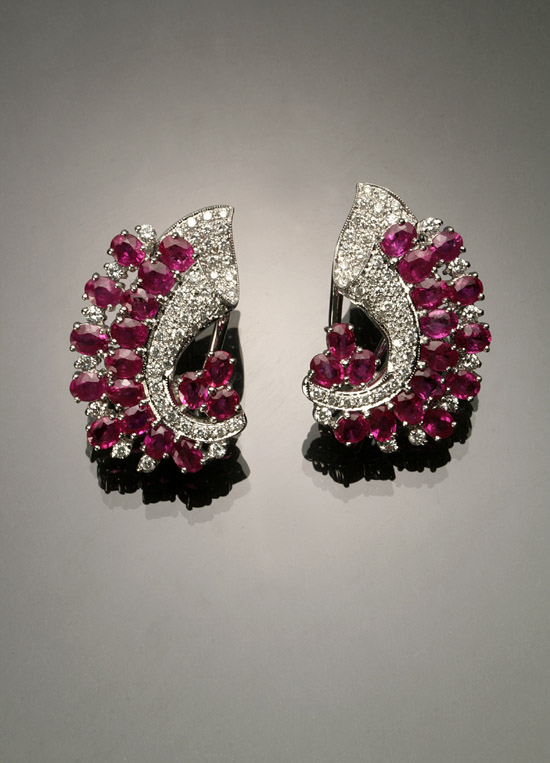 Appraisal: Pair of Tested -Karat White-Gold Diamond and Ruby Pierced Earrings