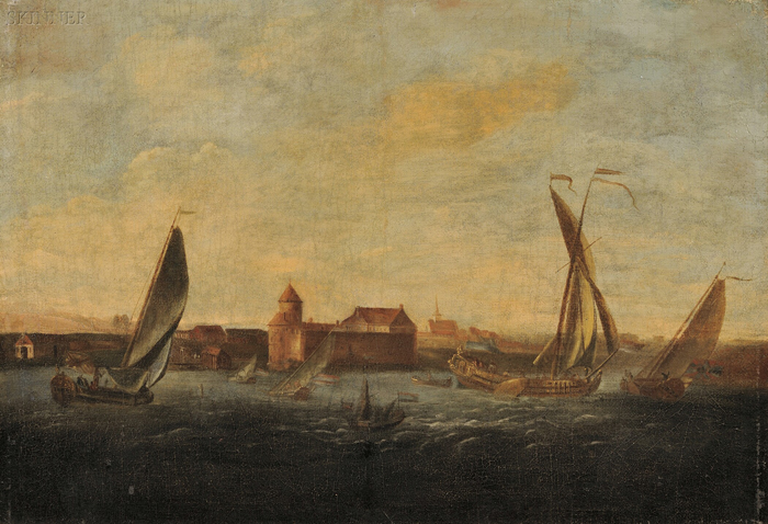 Appraisal: Dutch School th Century Style Animated Harbor View with Coastal