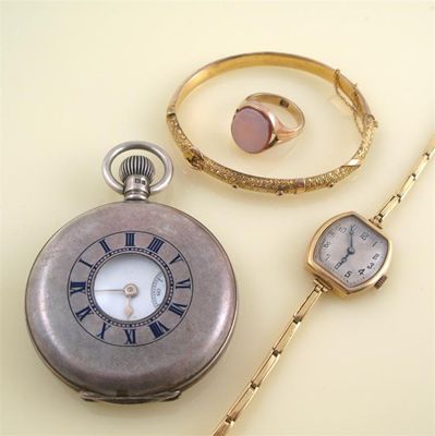 Appraisal: A Sterling silver half hunting cased pocket watch with inscription