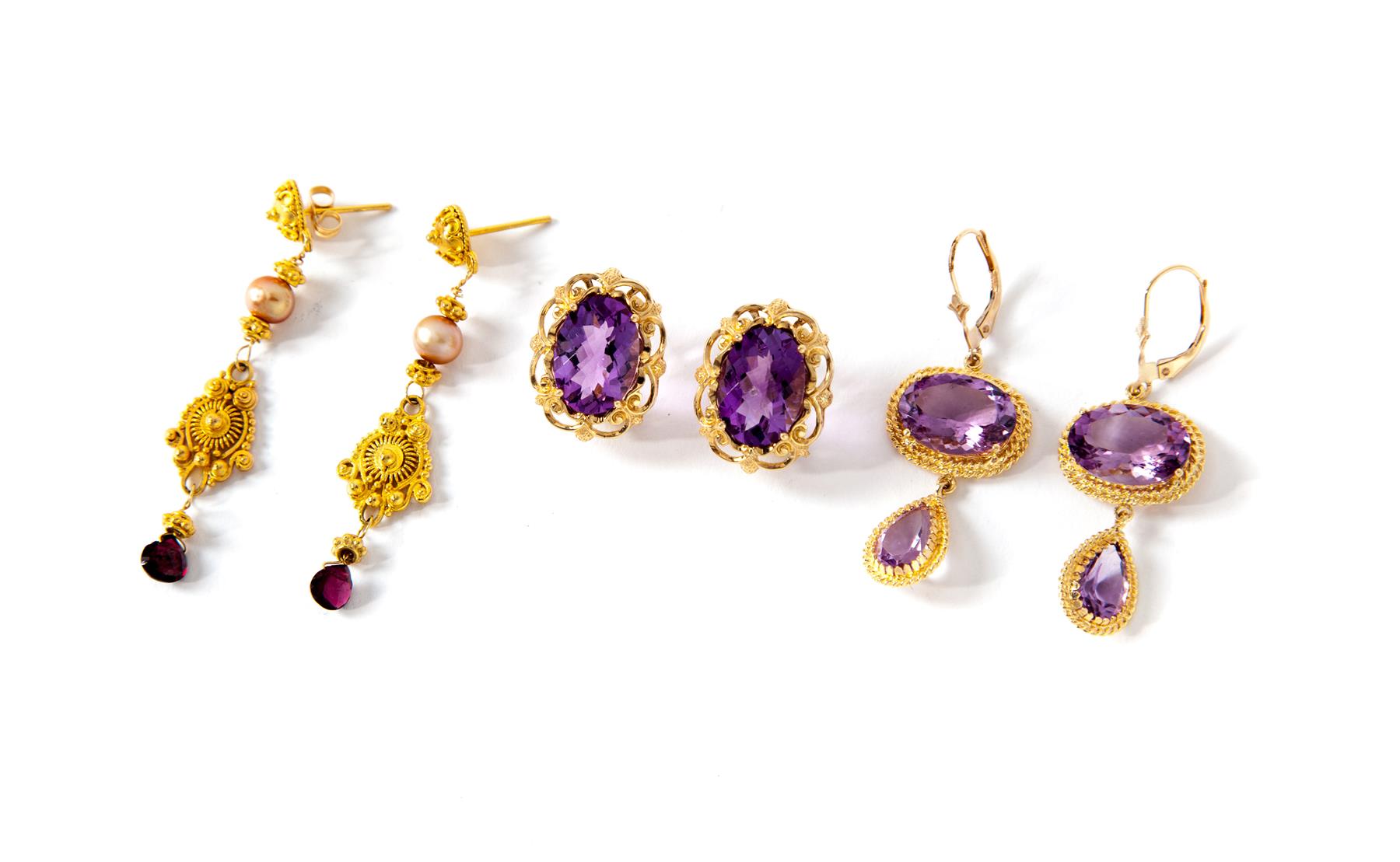 Appraisal: THREE PAIRS OF GOLD AND AMETHYST EARRINGS American st century