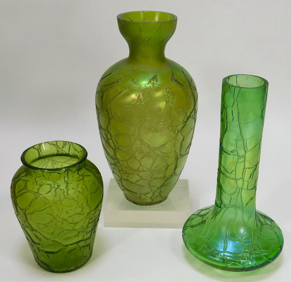 Appraisal: Kralik Crackle Bohemian Art Glass Vases Bohemia th Century Lot