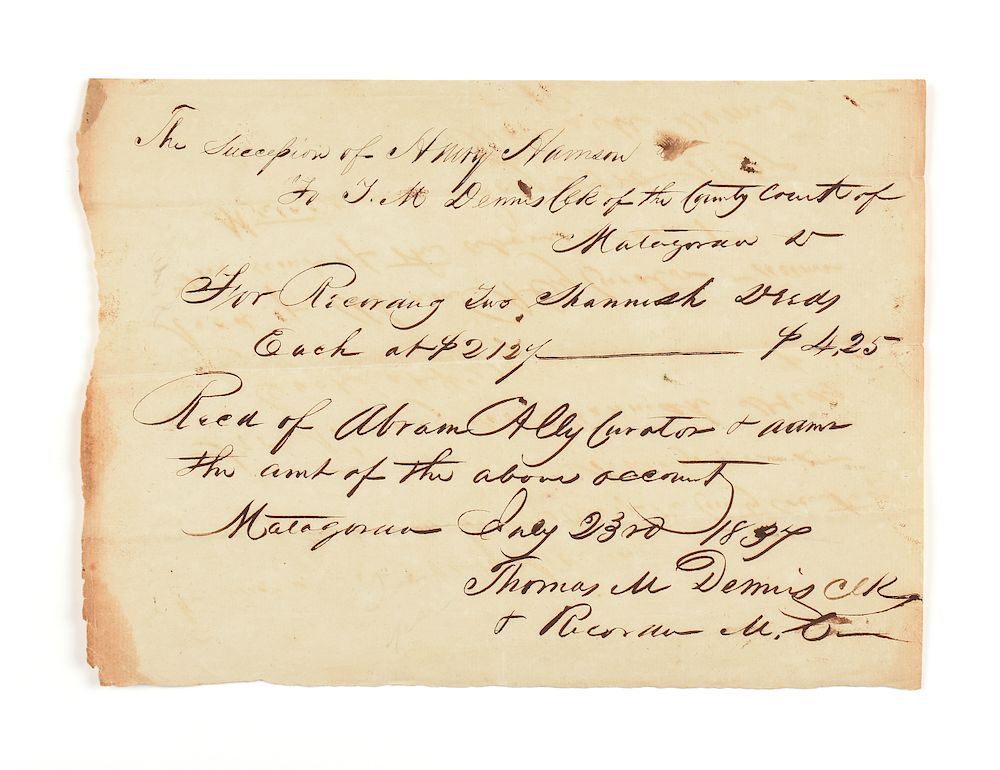 Appraisal: A REPUBLIC OF TEXAS HANDWRITTEN MANUSCRIPT THOMAS MASON DENNIS -