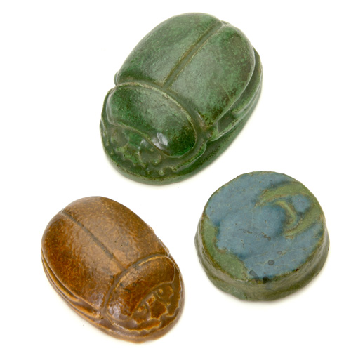 Appraisal: GRUEBY Three scarab paperweights one in green the other in