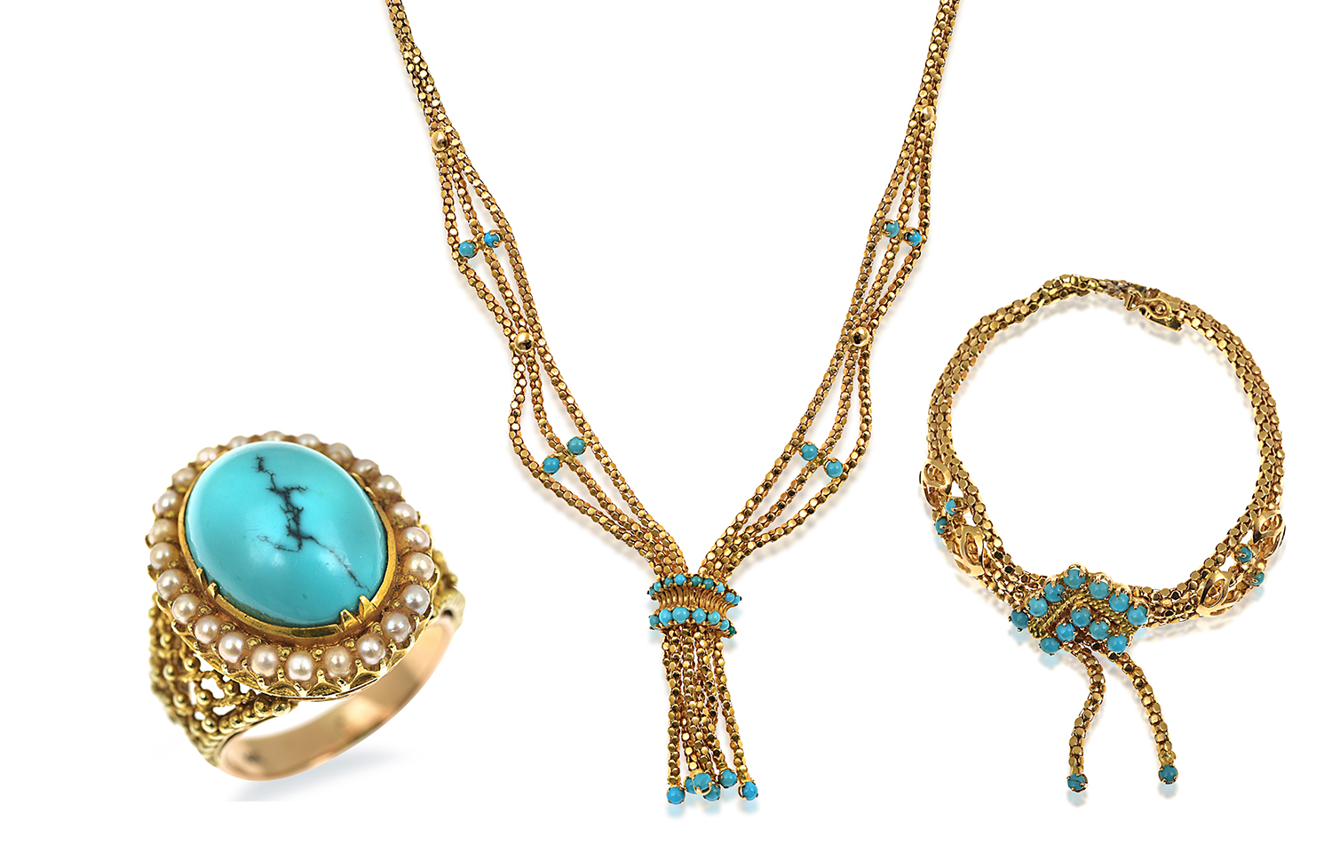 Appraisal: A GOLD AND TURQUOISE COCKTAIL SUITE Comprising a necklace and