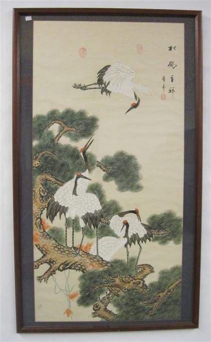 Appraisal: Chinese painting of storksDepicting Painted storks some resting on a