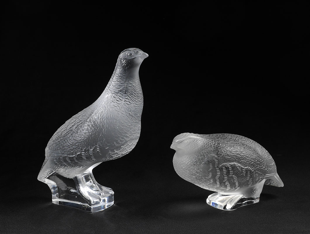 Appraisal: PAIR LALIQUE FROSTED CRYSTAL PARTRIDGE FIGURES Both with etched Lalique