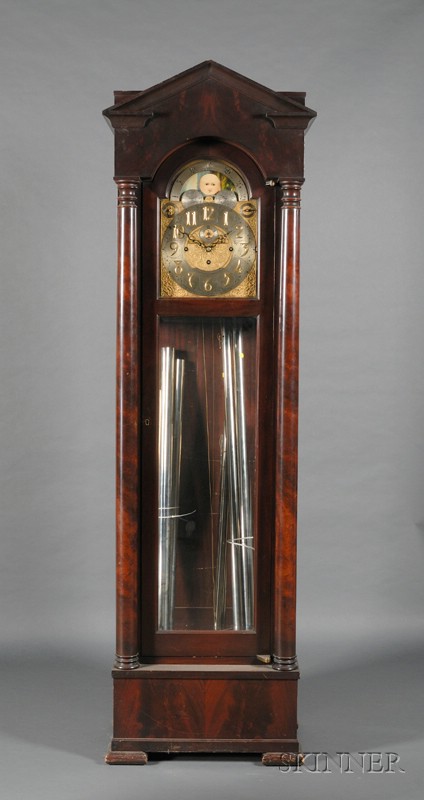 Appraisal: Waltham Mahogany and Quarter-chiming Long Case Clock c pointed arched