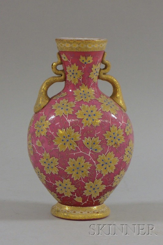 Appraisal: Late Victorian Gilt and Enamel Decorated Pink Cased Art Glass