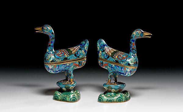 Appraisal: PAIR OF JAPANESE CLOISONN DUCK FORM VESSELS early th century