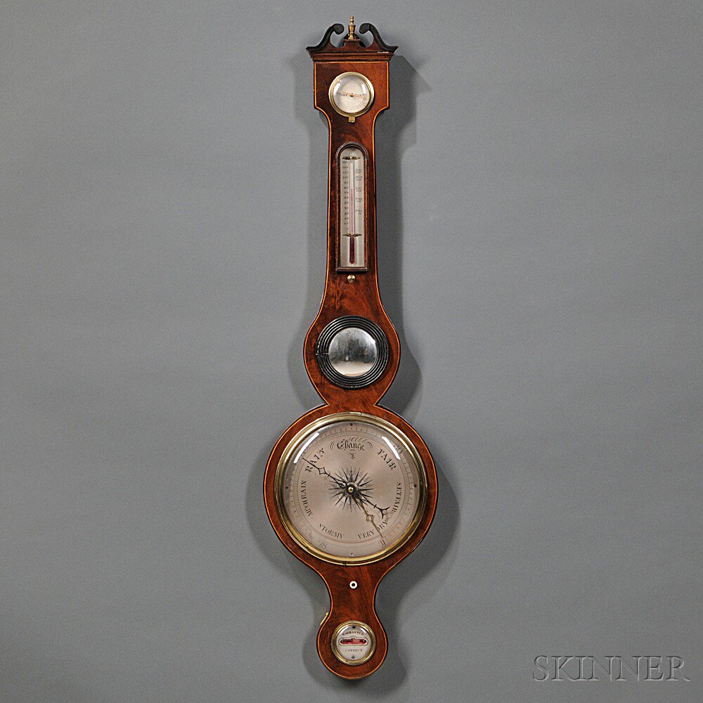 Appraisal: Mahogany Wheel Barometer c string-inlaid case with swan's neck pediment