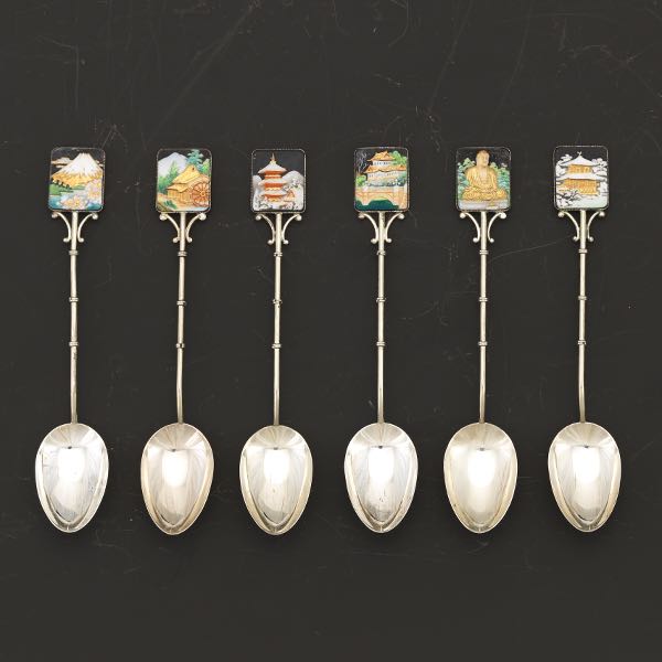 Appraisal: SIX JAPANESE STERLING SILVER AND PORCELAIN TEASPOONS BY TOSHIKANE Six