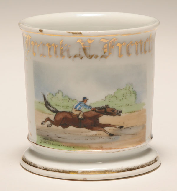 Appraisal: Occupational shaving mug thoroughbred racehorse with jockey Gilt trim Good