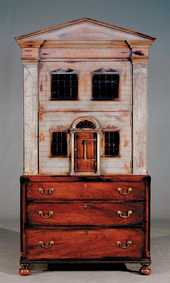 Appraisal: Georgian style dollhouse-on-chest circa architectural molded pediment over Georgian facade