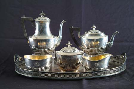 Appraisal: FIVE PIECE GORHAM STERLING TEA SET WITH SILVER PLATED TRAY