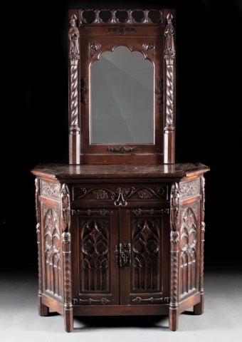 Appraisal: Gothic style oak side cabinet with mirror early th century