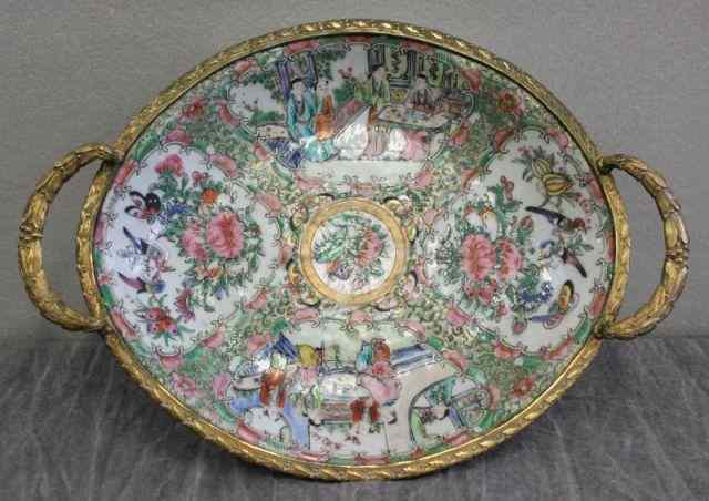 Appraisal: Gilt Bronze Mounted Rose Famille Oval Dish From a Glendale