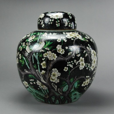 Appraisal: Bulbous body enameled with white cherry blossoms birds and green