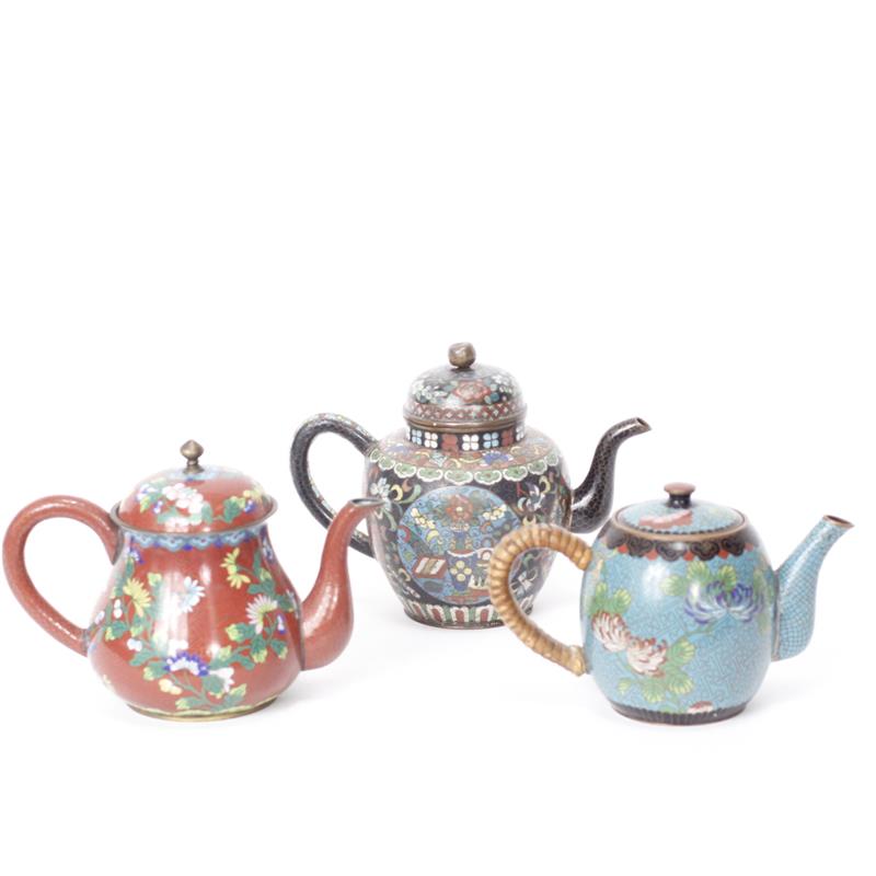 Appraisal: Three Chinese Polychrome Cloisonne Teapots H x W