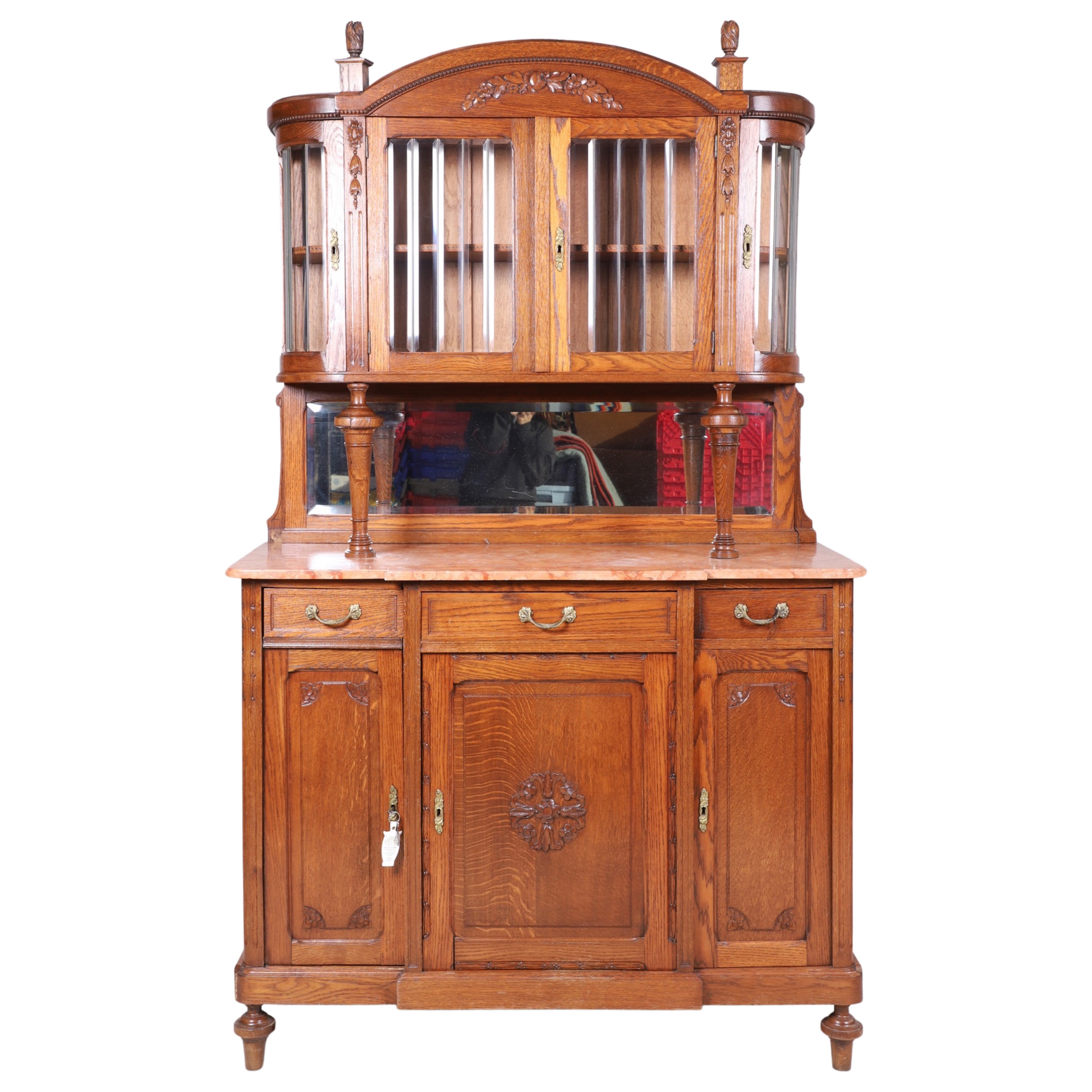 Appraisal: -pc Victorian carved oak china cabinet top with flame finials