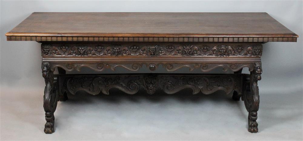 Appraisal: ITALIAN BAROQUE STYLE WALNUT LIBRARY OR GUARDSMAN TABLE richly carved