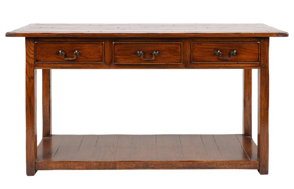 Appraisal: PINE THREE DRAWER SOFA TABLErectangular plank top with brass handles