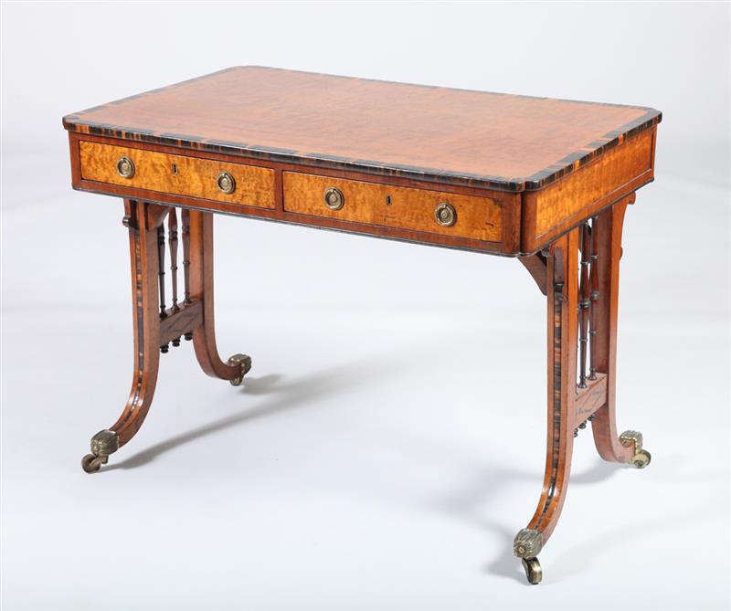 Appraisal: REGENCY CALAMANDER INLAID FIGURED MAHOGANY SOFA TABLE The cross-banded top