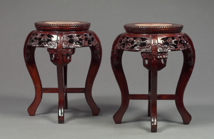 Appraisal: Small Pair of Chinese Elaborately Carved and Rose Marble-Set Mahogany