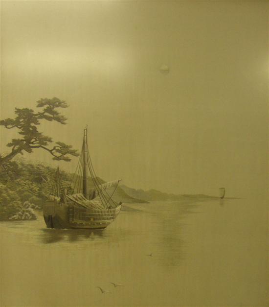 Appraisal: Japanese silk picture of a boat in moonlight h w