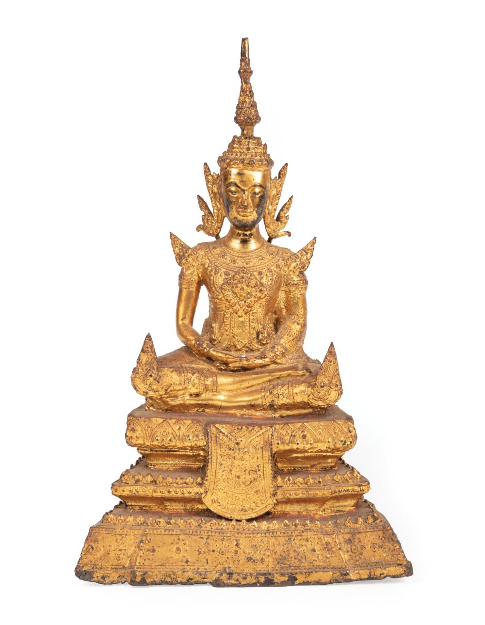 Appraisal: Antique Thai Gilt Bronze Bodhisattva seated on a tiered triangular