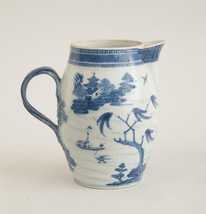 Appraisal: CANTON BLUE AND WHITE PORCELAIN WILLOW PATTERN BARREL-FORM CIDER PITCHER