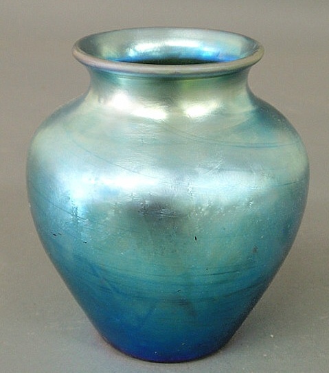 Appraisal: Blue iridescent glass vase signed Steuben h