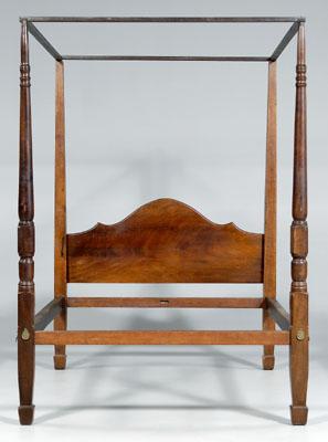 Appraisal: Mahogany four poster bed figured single-board headboard turned foot posts