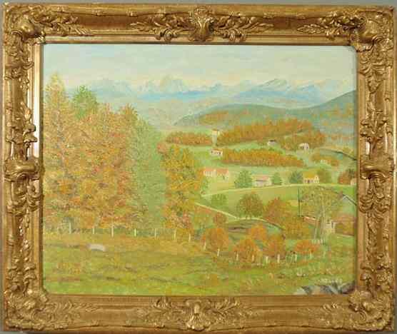 Appraisal: Oil on masonite fall landscape painting with village and hills